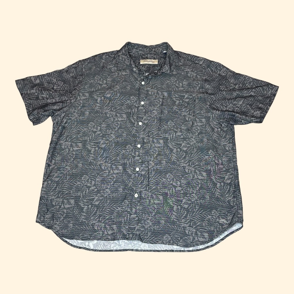 Tommy Bahama Mens XXL Grey Tropical Floral Leaf Tencel‎ Modal Button Down Shirt